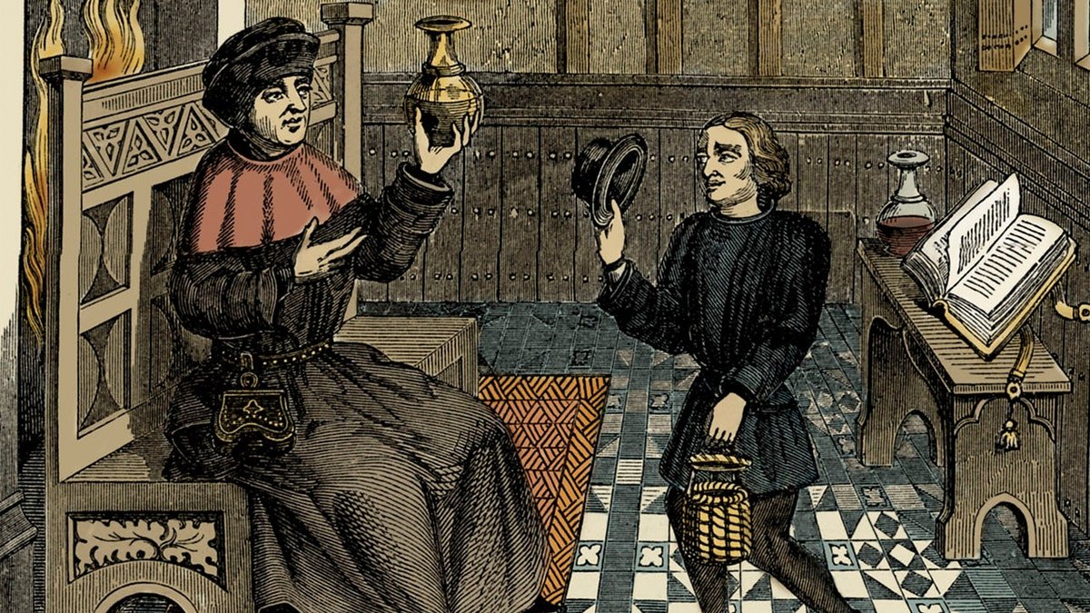 Physician examines flask while man offers sample