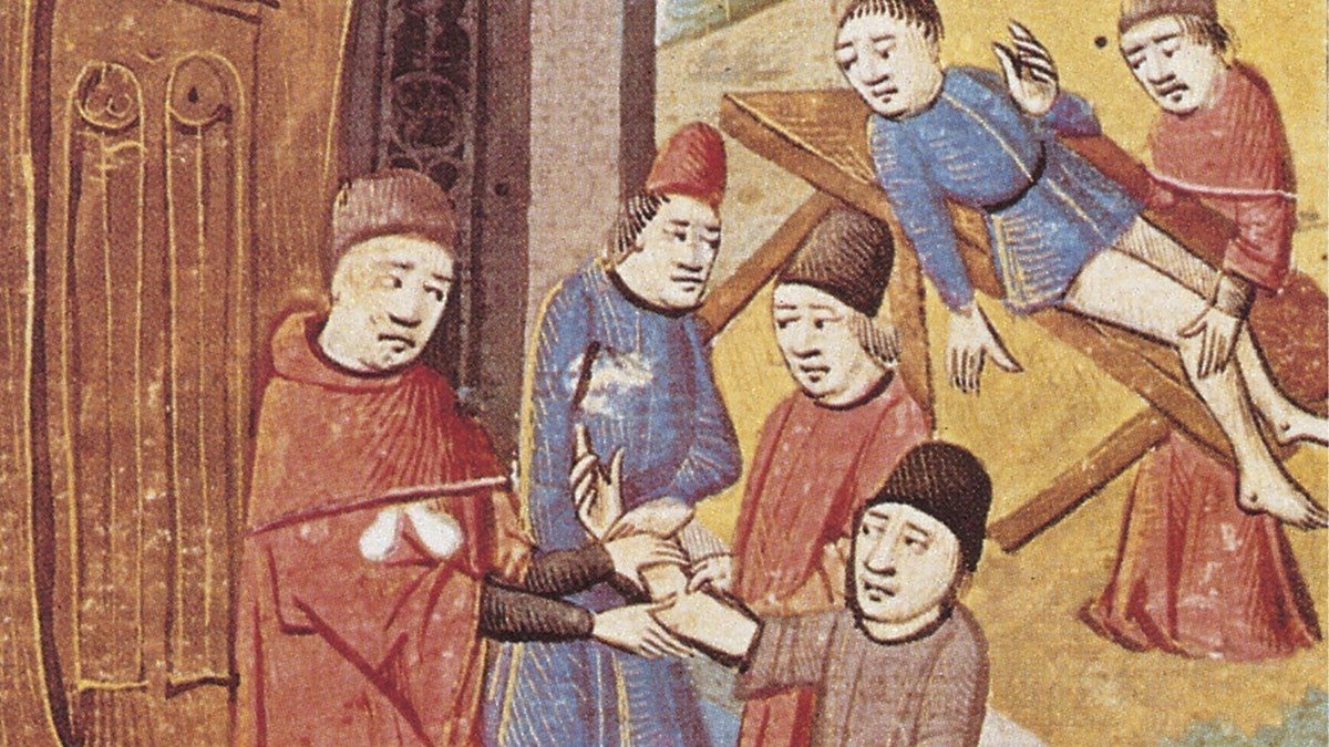 Medieval doctor treating patient’s arm in crowded scene