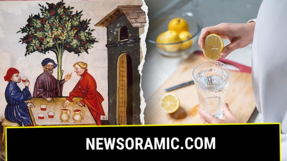 Juxtaposition of a medieval scene with three men at a table and a modern close-up of lemon water preparation