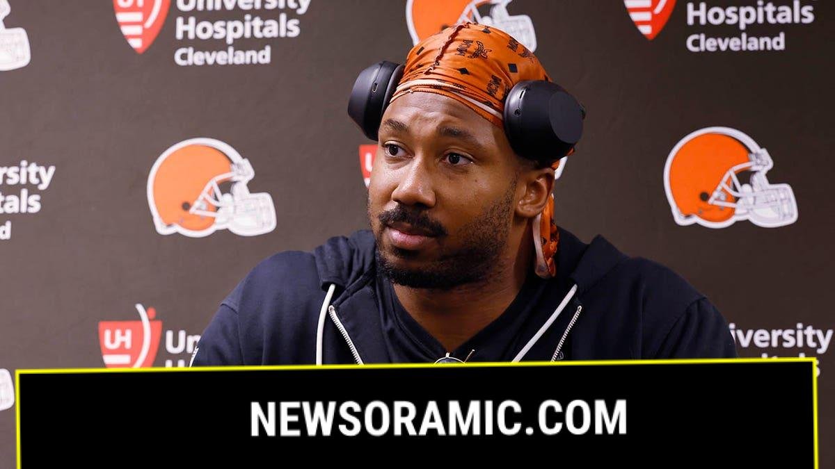 Myles Garrett talks to reporters
