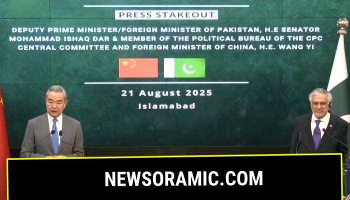 Deputy Prime Minister and Foreign Minister Ishaq Dar and Chinese Foreign Minister Wang Yi hold a joint press conference in Islamabad on August 21, 2025. — X/@ForeignOfficePk