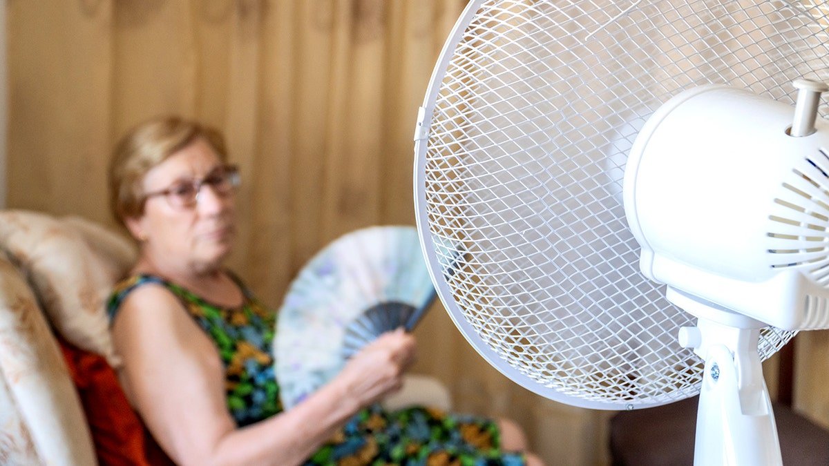 Electric fan cooling an elderly woman sitting on the sofa in the living room