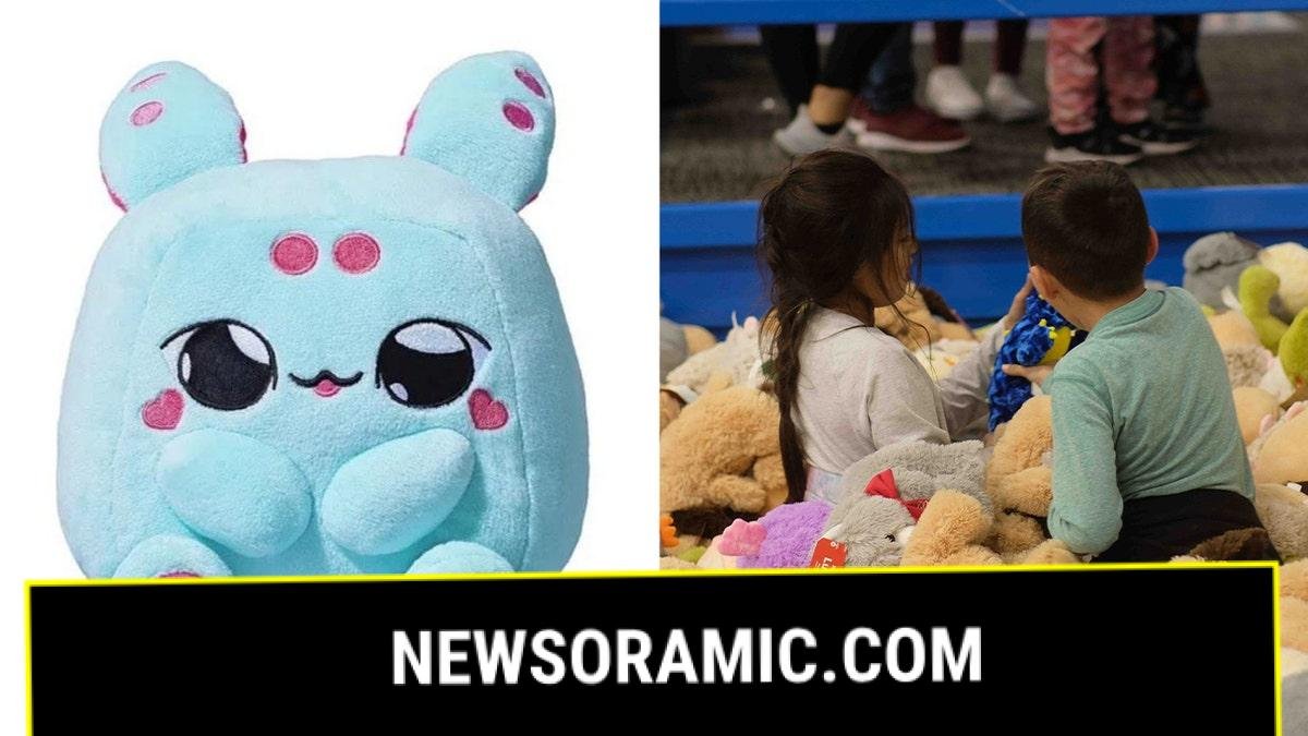 split photo of blue AI stuffed animal and kids playing with stuffed animals