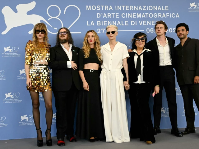 from l suki waterhouse british director iain forsyth british actresses sophia di martino and tilda swinton british filmmaker jane pollard and british actors george mackay and calvin demba attend the photocall of the movie broken english presented out of competition at the 82nd international venice film festival at venice lido photo afp