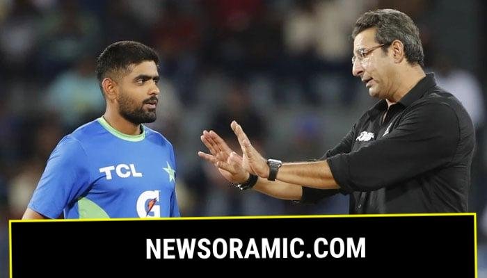 Former Pakistan cricketer Wasim Akram (right) interacts with captain Babar Azam during the rain break in their ACC Mens Asia Cup 2023 Super Four match against India at the R Premdasa Stadium in Colombo on September 10, 2023. — AFP