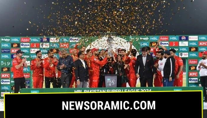 Islamabad United players celebrate winning the PSL 9 after beating Multan Sultans in the final at the National Bank Stadium in Karachi on March 18, 2024. — PCB