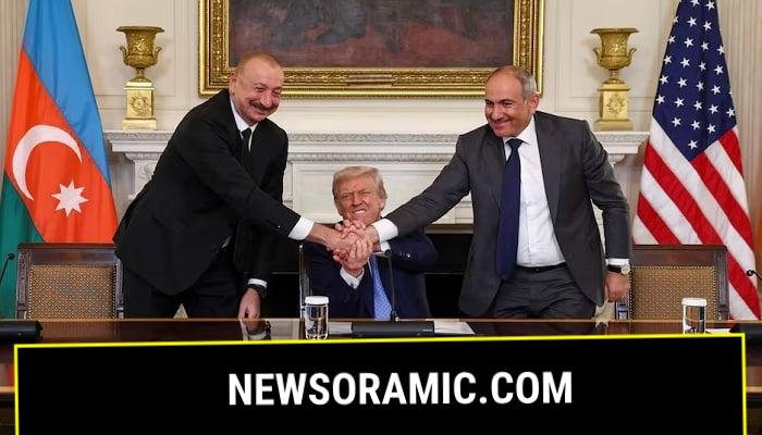 U.S. President Donald Trump holds the hands of Azerbaijans President Ilham Aliyev and Armenias Prime Minister Nikol Pashinyan at the White House, August 8, 2025. —Reuters