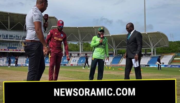 Pakistan skipper Mohammad Rizwan (centre-right) and West Indies captain Shai Hope (centre-left) during the toss for the 2nd ODI match at Brian Lara Stadium, Tarouba. — Facebook/@PakistanCricketBoard