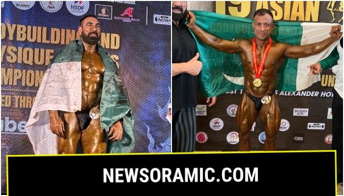 Pakistani bodybuilders celebrate after winning medals at the Asian Bodybuilding Championship in Thailand. — Reporter