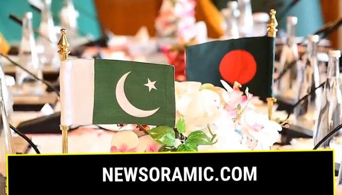 Pakistan and Bangladesh flags on a table during a meeting between Deputy Prime Minister and Foreign Minister Senator Mohammad Ishaq Dar and Foreign Adviser of Bangladesh Md Touhid Hossain in Dhaka on August 24, 2024. Screengrab via X/@ForeignOfficePk