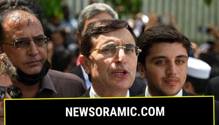 PTI Chairman Barrister Gohar Khan talks to the media as he arrives to attend a hearing at the high court in Islamabad on August 29, 2023. — AFP