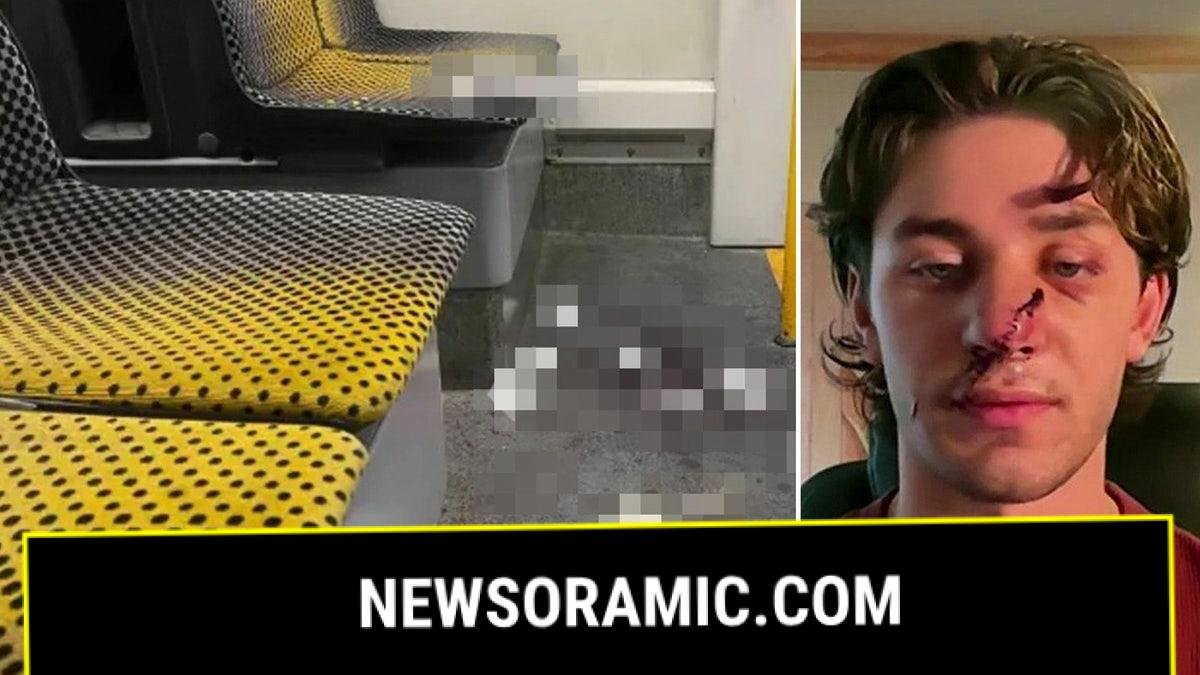 American tourist John Rudat and a split image of the stabbing scene on a German tram