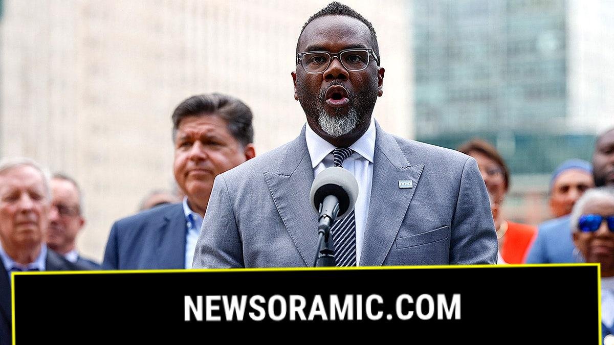 Chicago Mayor Brandon Johnson speaks at a press conference following President Donald Trump’s comments about possibly sending U.S. troops to Chicago and Baltimore.