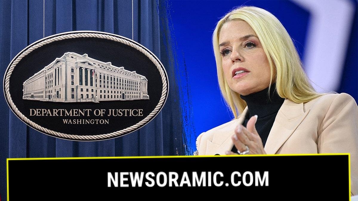 Justice Department logo and Pam Bondi