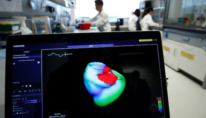 A monitor shows a three-dimensional image of a human heart at the Klaus-Tschira-Institute for Integrative Computational Cardiology, department of the Heidelberg University Hospital (Universitaetsklinikum Heidelberg), in Heidelberg, Germany, August 14, 2018. — Reuters