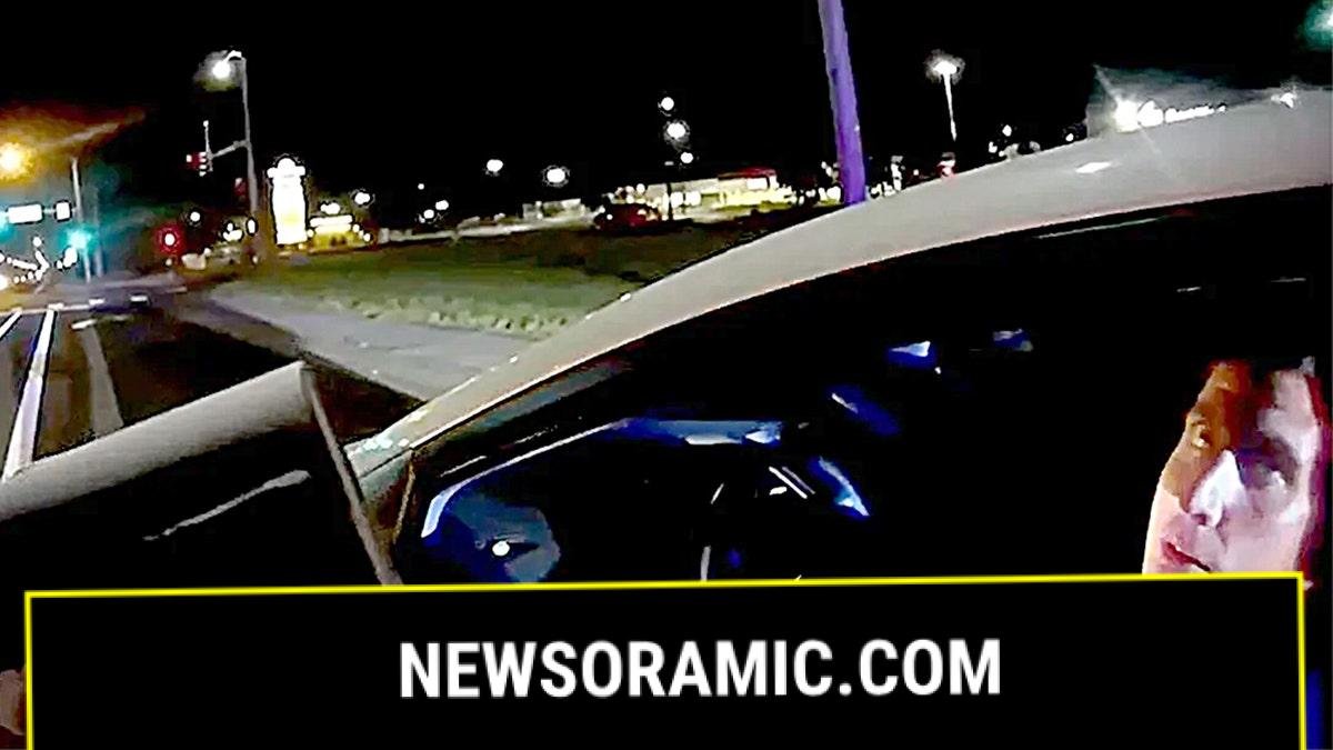 Kohberger looks at a deputy from the driver side of his white Hyundai Elantra during a traffic stop on bodycam video