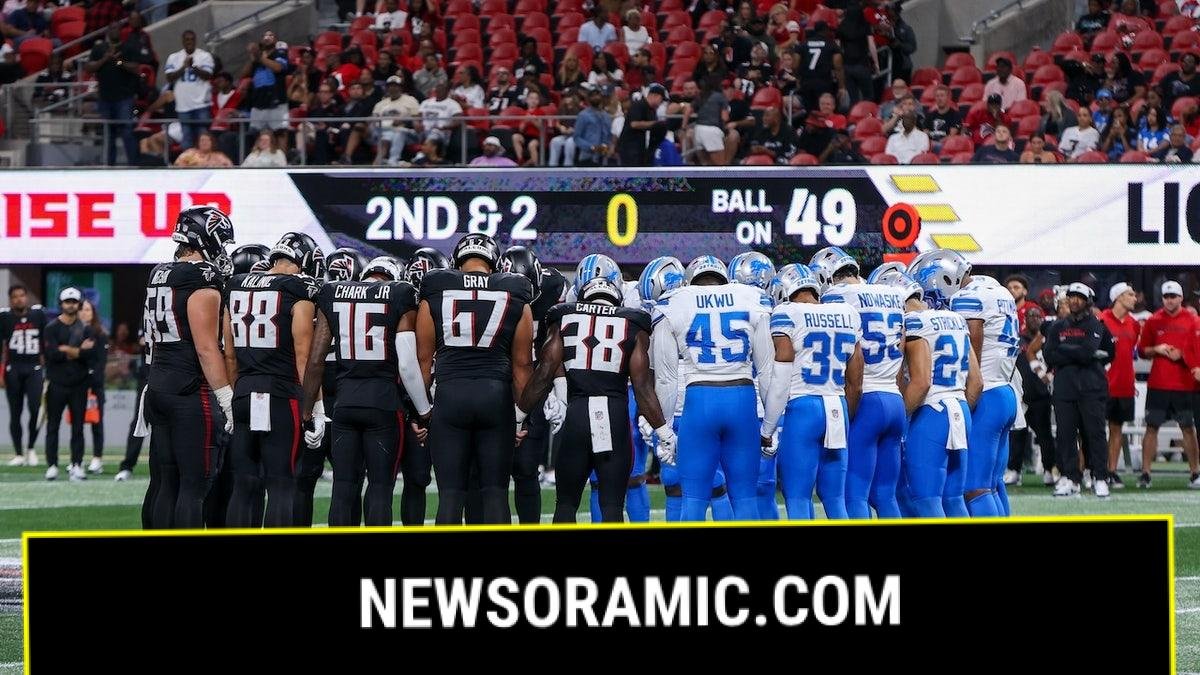 Aug 8, 2025; Atlanta, Georgia, USA; Atlanta Falcons and Detroit Lions players pray after an injury to safety Morice Norris (not pictured) in the fourth quarter at Mercedes-Benz Stadium. Mandatory Credit: Brett Davis-Imagn Images
