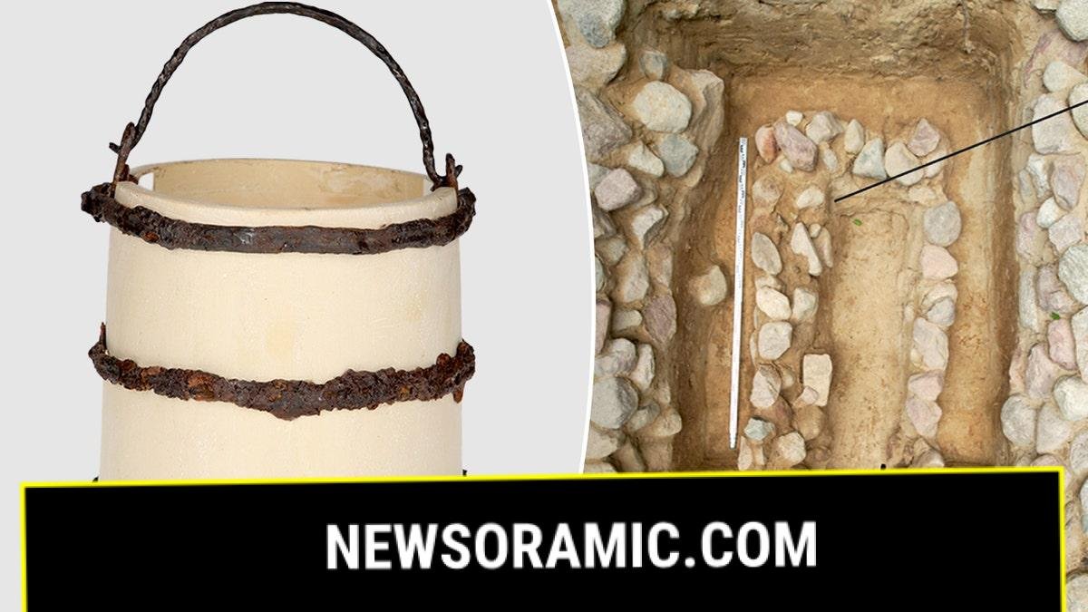 Split image of yew bucket, birds eye view of burial site