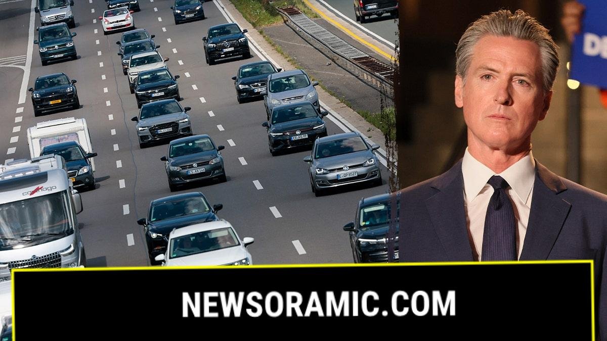 California Gov. Gavin Newsom next to cars in traffic