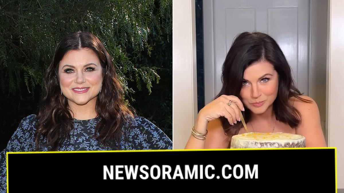 A split of Tiffani Thiessen in a blue dress and eating cake topless.