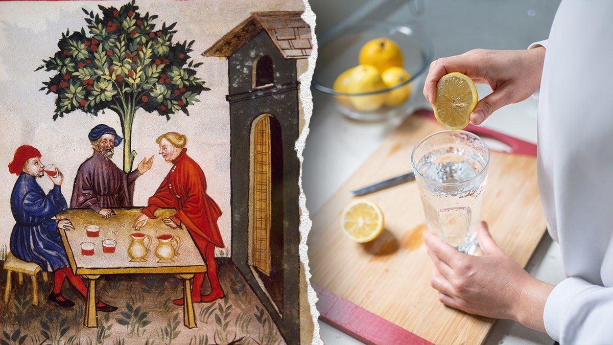 Juxtaposition of a medieval scene with three men at a table and a modern close-up of lemon water preparation