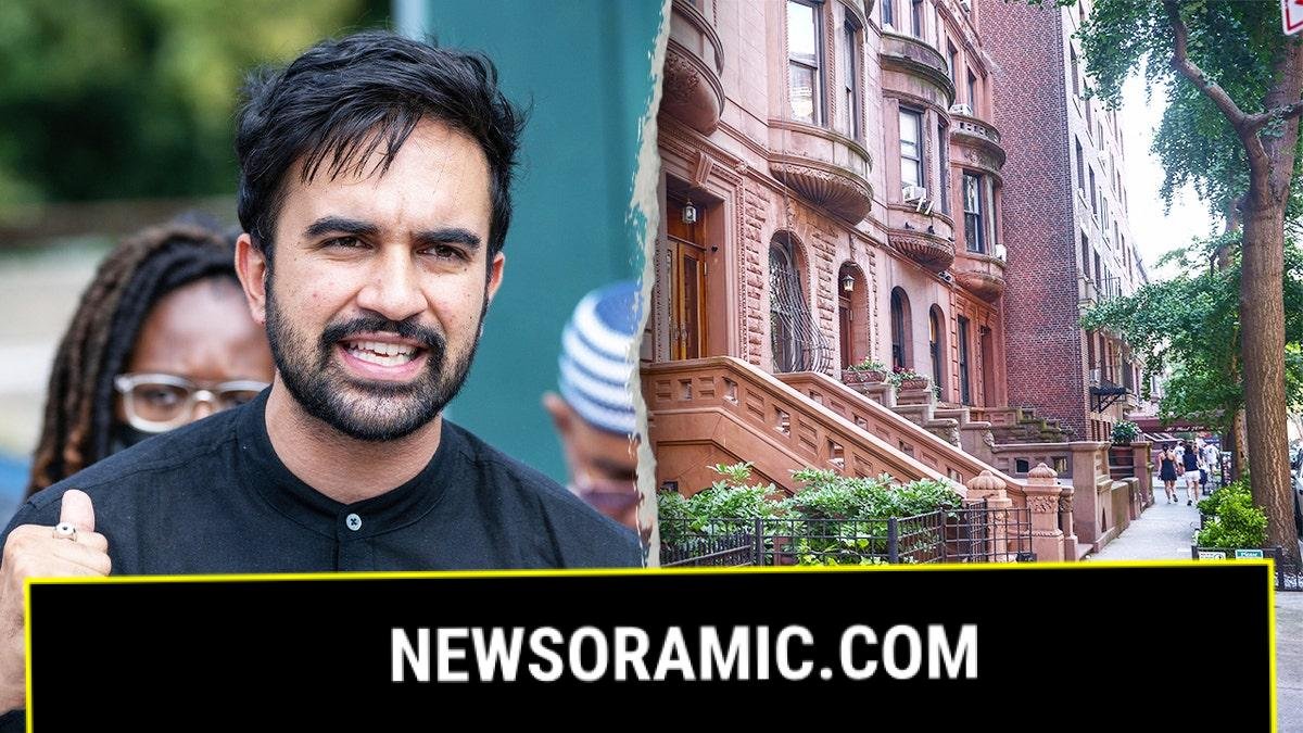 Mamdani speaking and a leafy neighborhood