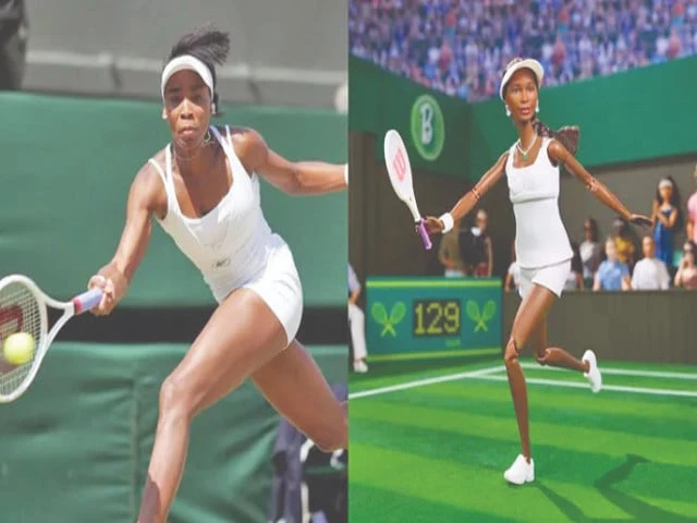 at left venus williams in action on court and at right the barbie honouring her photo courtesy mattel
