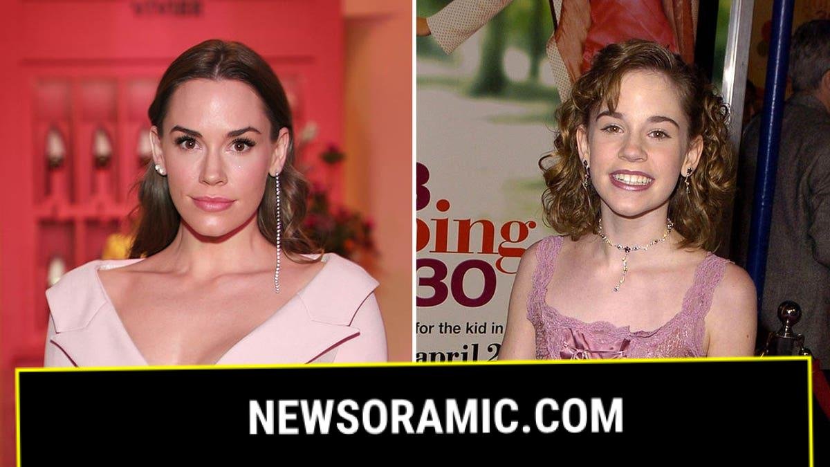 A split of Christa B. Allen in 2019 and Christa at the 13 Going on 30 premiere in 2004.