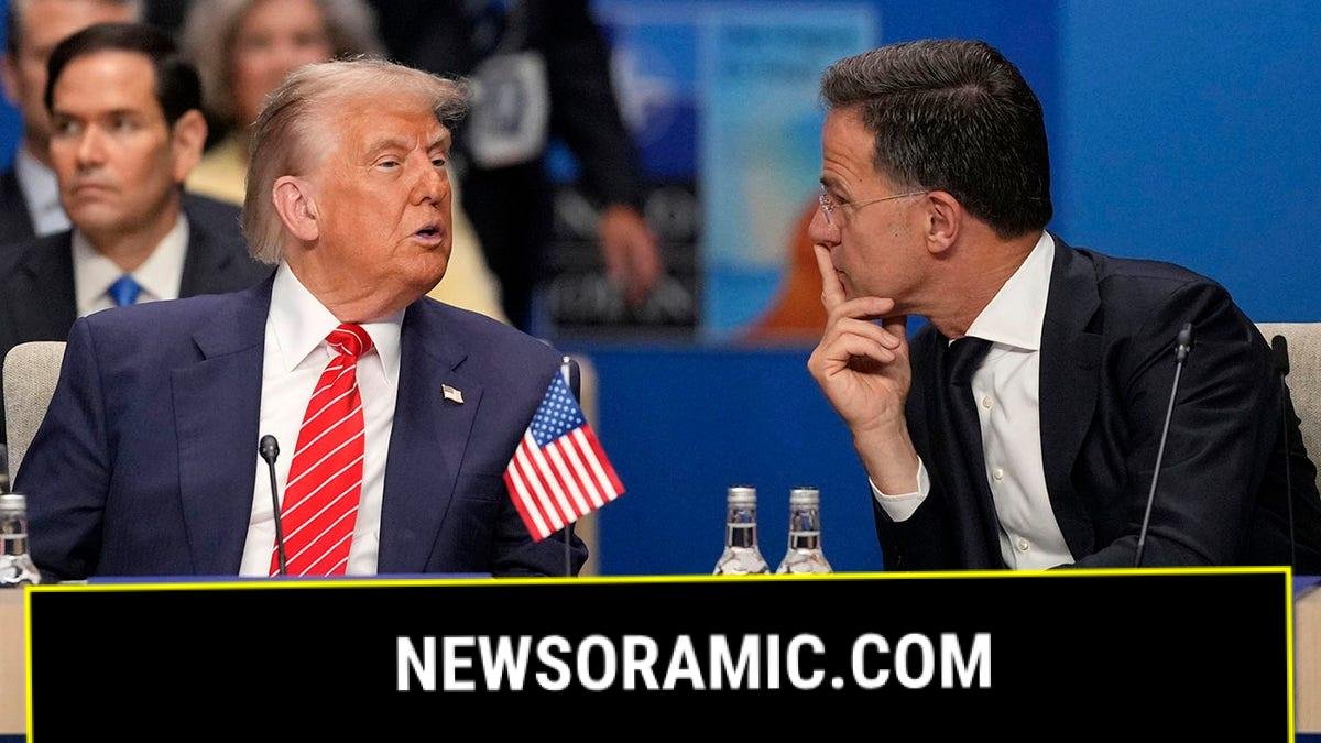 President Donald Trump, left, speaks to NATO General Secretary Mark Rutte during a North Atlantic Council plenary meeting.