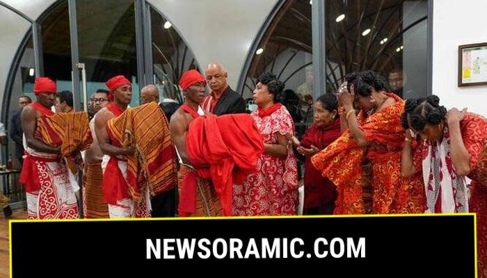 Men carry the three Sakalava skulls as descendants of the Sakalava King Toera bow during a welcome ceremony for their restitution to Madagascar from France at the Ivato International Airport in Antananarivo on September 1, 2025. — AFP