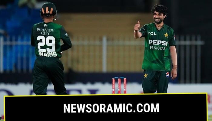 Pakistans Abrar Ahmed celebrates a wicket with wicketkeeper Mohammad Haris during the T20I tri-series match against UAE at Sharjah Cricket Stadium, September 4, 2025. — Emirates Cricket Board