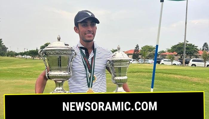 Pakistans Saad Habib Malik poses with trophies after winning the 64th Pakistan Amateur Golf Championship in Karachi. — Reporter