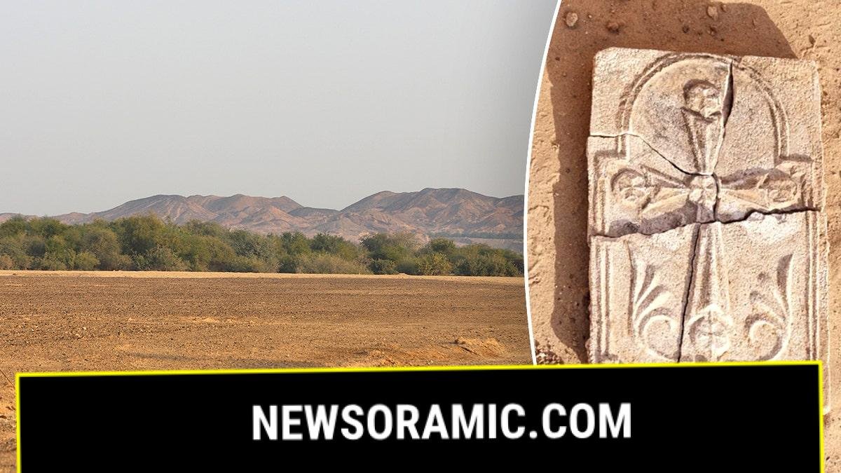 Split image of Sir Bani Island landscape, Christian cross