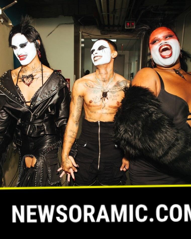 Jari Jones, right, and models after the show at the Brooklyn Museum.