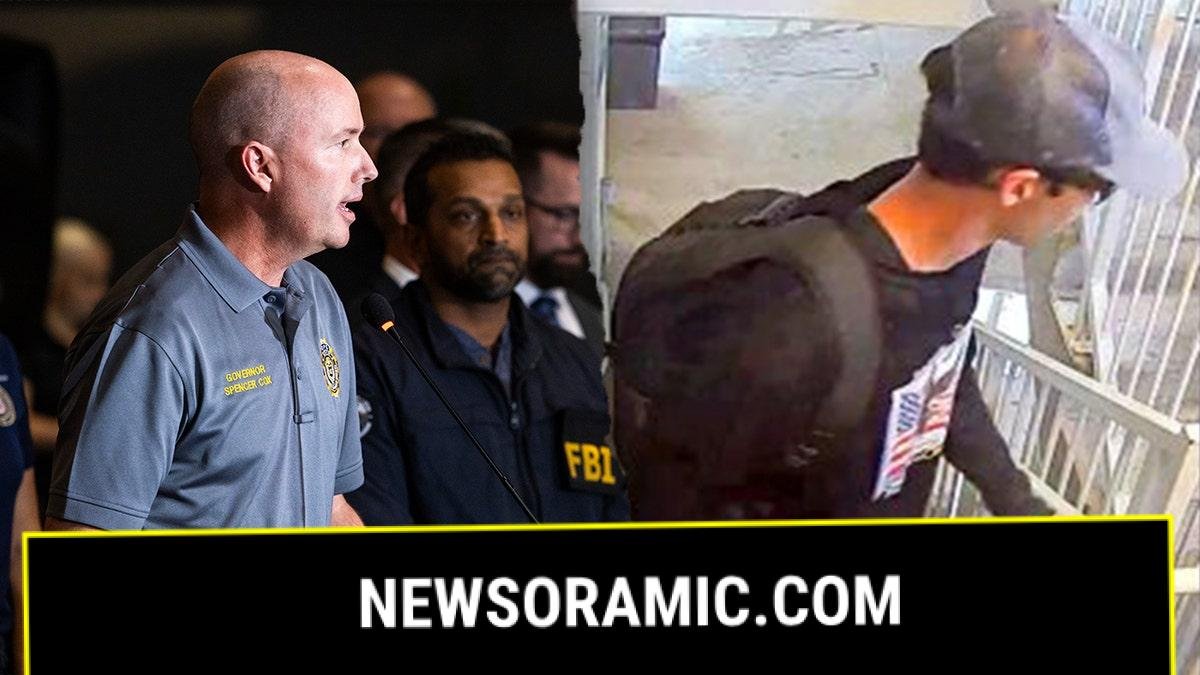 Utah Gov. Spencer Cox at press conference with FBI director after Charlie Kirk assassination, alongside suspect image