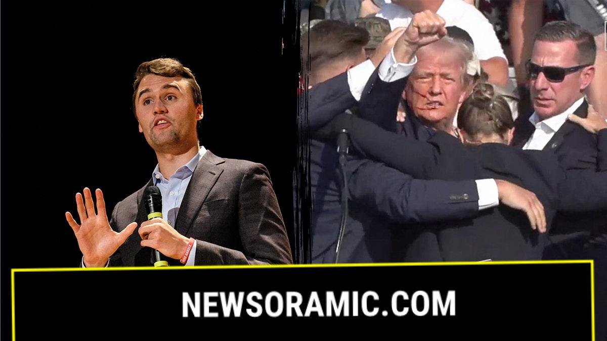 Charlie Kirk next to image of Trump after getting shot at rally