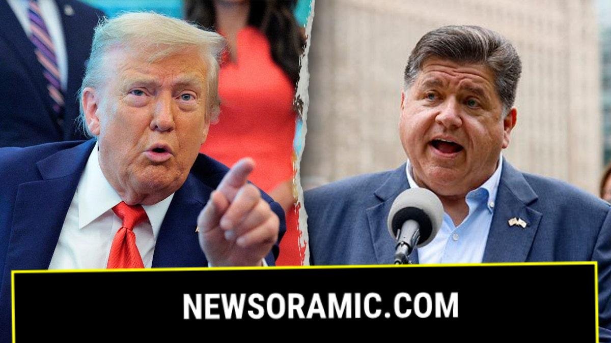 Split image of President Donald Trump pointing during remarks and Illinois Gov. J.B. Pritzker speaking at a press conference in Chicago.