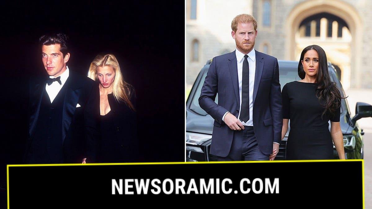 A split side-by-side image of JFK JR. and Carolyn Bessette-Kennedy and Prince Harry with Meghan Markle.