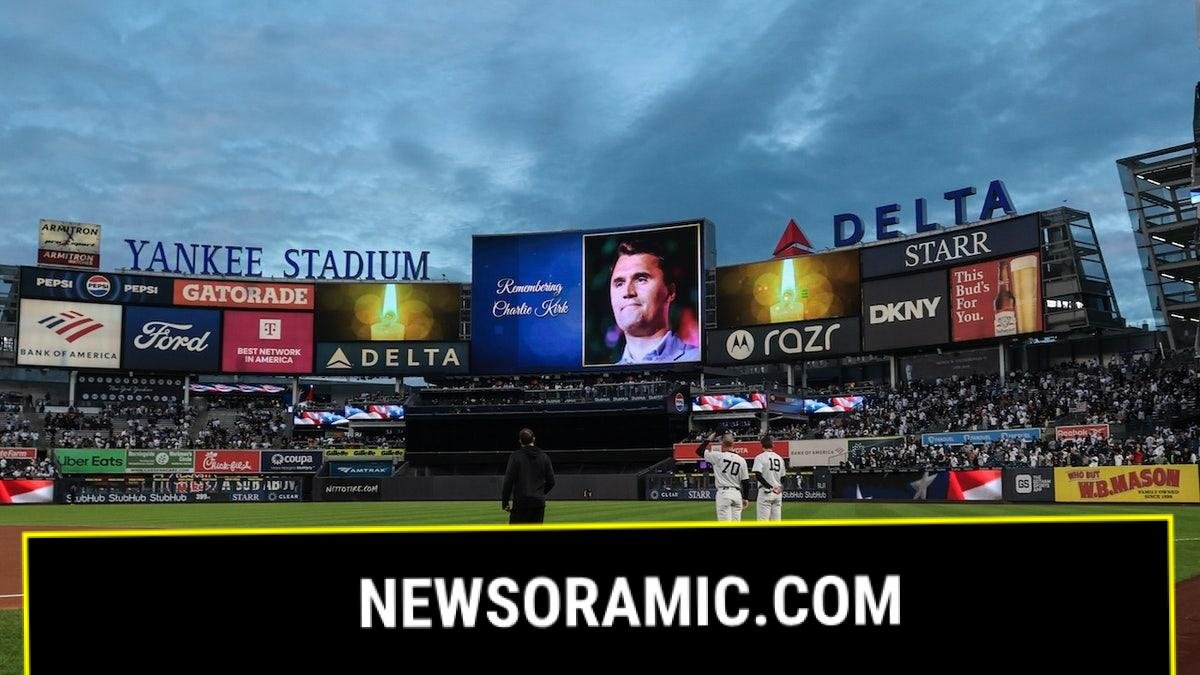 A general view of the main scoreboard at Yankee Stadium during a moment of silence for Charlie Kirk before the game between the New York Yankees and the Detroit Tigers.