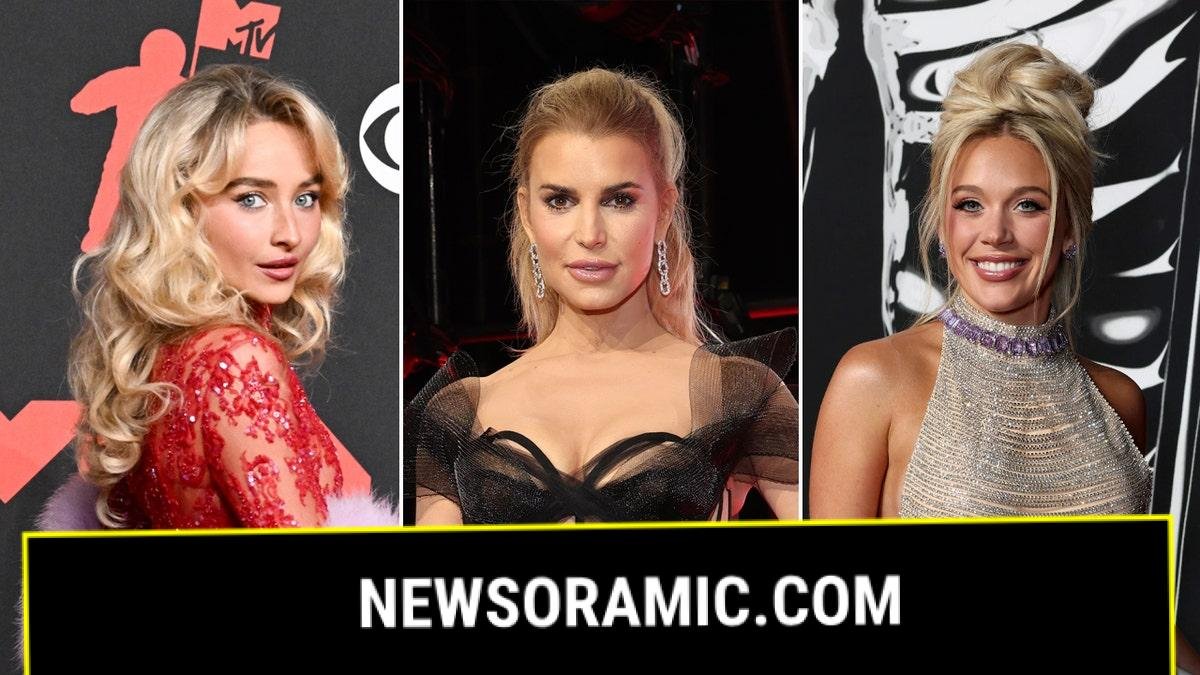 Sabrina Carpenter wears sheer red dress, Jessica Simpson sports see-through black gown, Megan Moroney rocks a sparkling crop top.