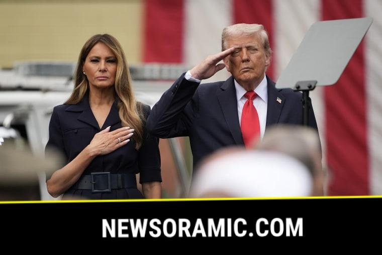 President Donald Trump and first lady Melania Trump attend a September 11th observance event in the courtyard of the Pentagon September 11, 2025 in Arlington, Va.
