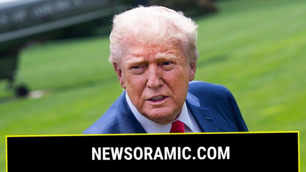 Donald Trump looking concerned on White House lawn.