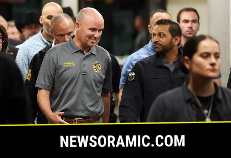 Utah Governor Spencer Cox, left, and FBI director Kash Patel speak