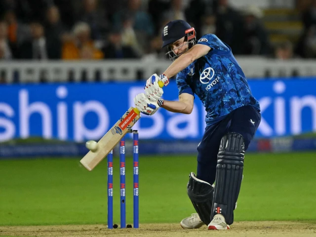 england captain harry brook hits a six during a five run loss to south africa in the second odi at lord s photo afp
