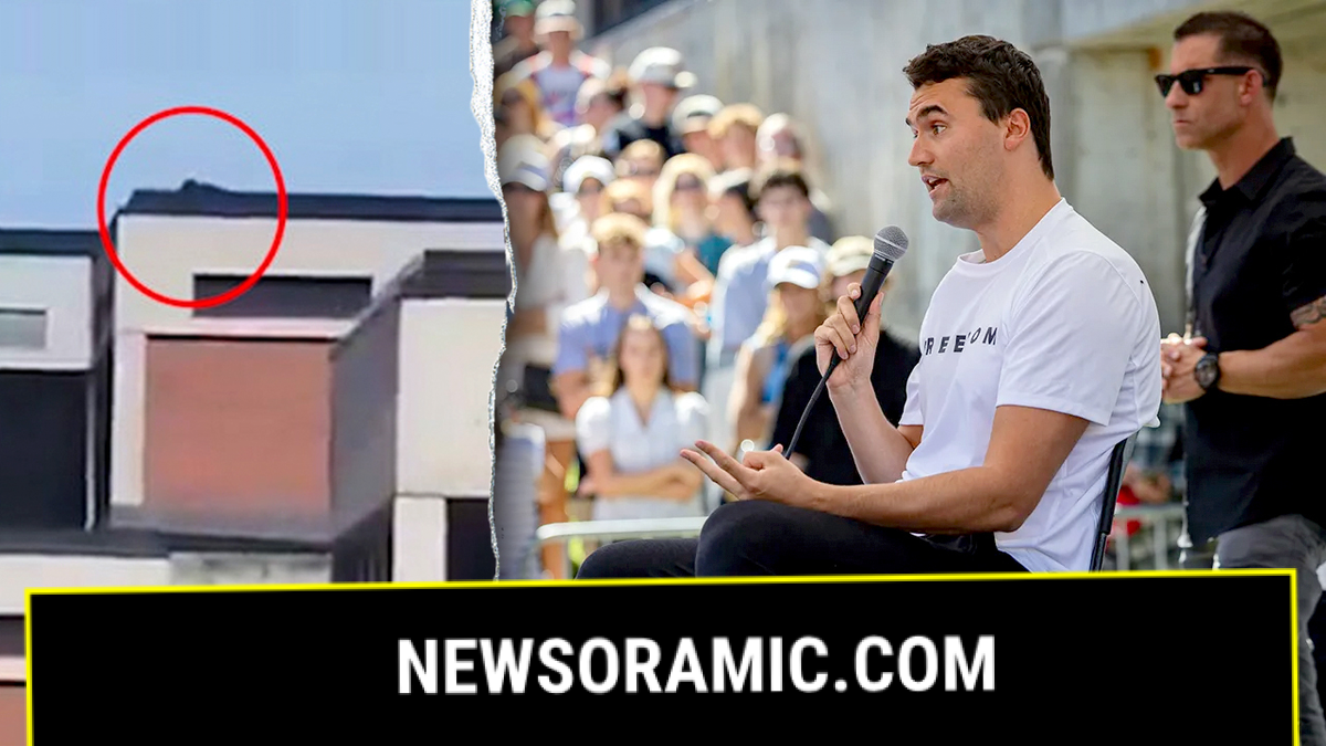 A split image showing Charlie Kirk speaking moments before his death and cellphone video showing a dark-clad figure on a rooftop nearby