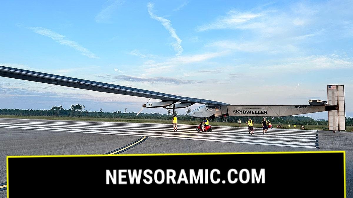 The solar powered Skydweller Aero drone sits on a runway.