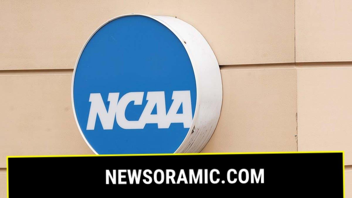The NCAA logo on entrance sign outside of the NCAA Headquarters on February 28, 2023, in Indianapolis, Indiana.  
