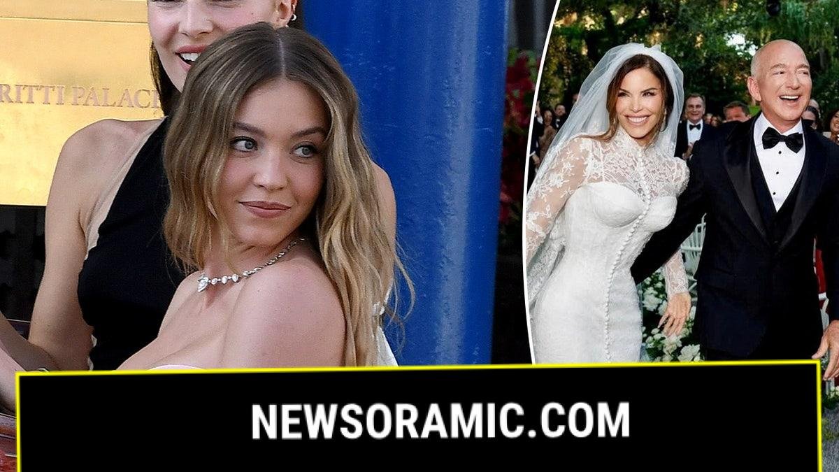 A split image of Sydney Sweeney and Lauren Sanchez and Jeff Bezos at their wedding